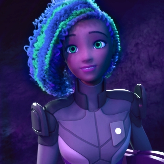 Size: 576x576 | Tagged: safe, derpibooru import, edit, editor:vernorexia, human, g5, my little pony: tell your tale, 3d, afro, armor, barbie, barbie starlight adventure, blue hair, curly hair, dark skin, green eyes, humanized, image, jpeg, misty brightdawn, multicolored hair, no pony, recolor