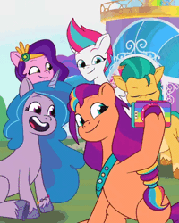 Size: 576x720 | Tagged: safe, derpibooru import, hitch trailblazer, izzy moonbow, pipp petals, sunny starscout, zipp storm, earth pony, pegasus, pony, unicorn, my little pony: tell your tale, animated, commercial, female, g5, gif, image, male, mane five (g5), mare, mobile phone, one eye closed, phone, raised eyebrow, royal sisters (g5), selfie, siblings, sisters, smartphone, smiling, stallion, tongue out, wink, youtube link