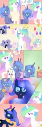 Size: 1000x3000 | Tagged: safe, artist:fluttergore, derpibooru import, nightmare moon, princess celestia, princess luna, alicorn, pony, cake, celestia is not amused, comic, element of generosity, element of honesty, element of kindness, element of laughter, element of loyalty, element of magic, elements of harmony, exclamation point, female, floppy ears, food, frown, horn, image, magic, mare, moon, mouth hold, pink-mane celestia, png, question mark, s1 luna, scroll, shocked, smiling, sparkles, text, transformation, unamused, wings