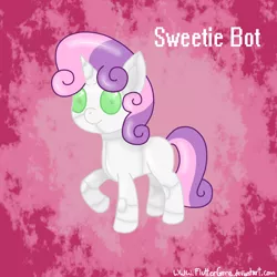 Size: 1000x1000 | Tagged: safe, artist:fluttergore, derpibooru import, sweetie belle, pony, robot, robot pony, unicorn, female, horn, image, mare, pink background, png, raised hoof, simple background, smiling, sweetie bot, text