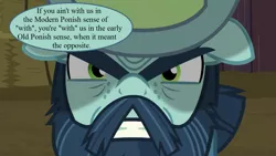 Size: 1280x720 | Tagged: safe, derpibooru import, edit, edited screencap, screencap, big daddy mccolt, the hooffields and mccolts, hat, have a gay old time, image, mccolt family, png, speech, speech bubble, talking