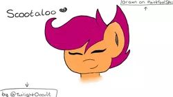 Size: 1192x670 | Tagged: safe, artist:twilightoccult, derpibooru import, scootaloo, pegasus, pony, @, arrow, bust, eyes closed, female, filly, foal, heart, image, jpeg, paint tool sai, simple background, smiling, text, white background
