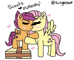 Size: 746x610 | Tagged: safe, artist:twilightoccult, derpibooru import, fluttershy, scootaloo, pegasus, pony, @, blushing, box, cutie mark, eyes closed, female, filly, foal, heart, image, jpeg, kissing, lesbian, mare, scootashy, shipping, simple background, text, the cmc's cutie marks, white background