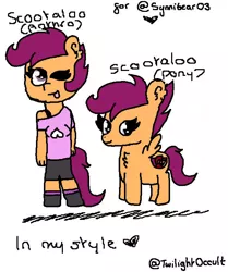 Size: 596x712 | Tagged: safe, artist:twilightoccult, derpibooru import, scootaloo, oc, oc:ponytale scootaloo, anthro, pegasus, pony, ;p, @, clothes, cutie mark, female, filly, foal, heart, image, jpeg, one eye closed, pants, shoes, simple background, smiling, spread wings, text, the cmc's cutie marks, tongue out, white background, wings, wink