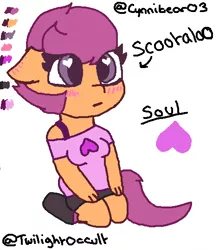 Size: 472x540 | Tagged: safe, artist:twilightoccult, derpibooru import, scootaloo, oc, oc:ponytale scootaloo, anthro, @, blushing, clothes, female, floppy ears, heart, image, pants, png, reference sheet, shoes, simple background, text, white background