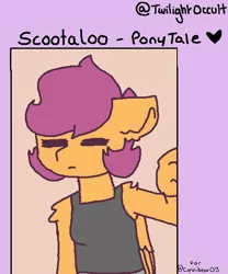 Size: 502x604 | Tagged: safe, artist:twilightoccult, derpibooru import, scootaloo, oc, oc:ponytale scootaloo, anthro, @, clothes, eyes closed, female, heart, image, jpeg, pants, tanktop, text, wings