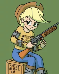 Size: 1000x1250 | Tagged: safe, artist:mkogwheel, derpibooru import, applejack, human, crate, female, green background, gun, humanized, image, looking at something, png, shotgun, simple background, sitting, solo, weapon