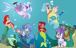 Size: 1145x720 | Tagged: safe, artist:pagiepoppie12345, derpibooru import, princess skystar, silverstream, hippogriff, mermaid, octopus, pony, seapony (g4), starfish, my little pony: the movie, ariel, boat, bra, bubble, cala maria, clothes, crossover, cuphead, fish tail, flower, g4, image, jewelry, marina, necklace, ocean, pearl, png, puyo puyo, serilly, smiling, tail, the little mermaid, underwater, underwear, water, x eyes, zig & sharko
