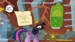Size: 1192x670 | Tagged: safe, artist:futzi01, derpibooru import, tree of harmony, twilight sparkle, twilight sparkle (alicorn), alicorn, pony, charred, dialogue, female, fire, game, game over, golden oaks library, horn, image, jpeg, library, mare, scepter, smiling, text, tree, twilight scepter, wings