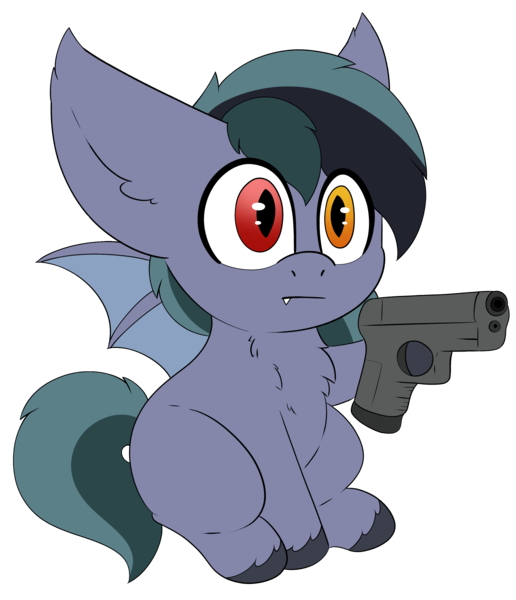 Size: 2292x2666 | Tagged: safe, artist:pegamutt, derpibooru import, oc, oc:scrimmy, unofficial characters only, bat pony, pony, :|, bat pony oc, bat wings, commission, fangs, gun, heterochromia, image, male, png, simple background, sitting, solo, stallion, transparent background, weapon, wings, ych result