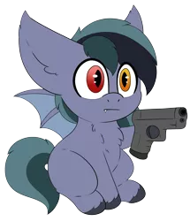 Size: 2292x2666 | Tagged: safe, artist:pegamutt, derpibooru import, oc, oc:scrimmy, unofficial characters only, bat pony, pony, :|, bat pony oc, bat wings, commission, fangs, gun, heterochromia, image, male, png, simple background, sitting, solo, stallion, transparent background, weapon, wings, ych result