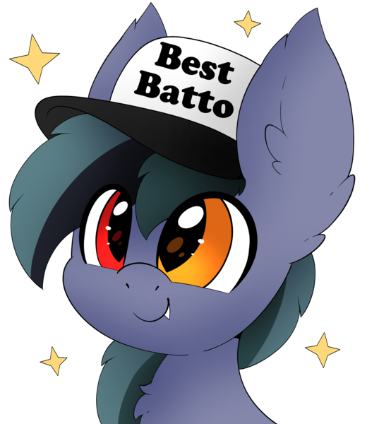 Size: 2352x2715 | Tagged: safe, artist:pegamutt, derpibooru import, oc, oc:scrimmy, unofficial characters only, bat pony, pony, bat pony oc, bat wings, commission, cute, fangs, hat, heterochromia, image, male, ocbetes, png, simple background, smiling, solo, stallion, transparent background, wings, ych result