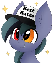 Size: 2352x2715 | Tagged: safe, artist:pegamutt, derpibooru import, oc, oc:scrimmy, unofficial characters only, bat pony, pony, bat pony oc, bat wings, commission, cute, fangs, hat, heterochromia, image, male, ocbetes, png, simple background, smiling, solo, stallion, transparent background, wings, ych result