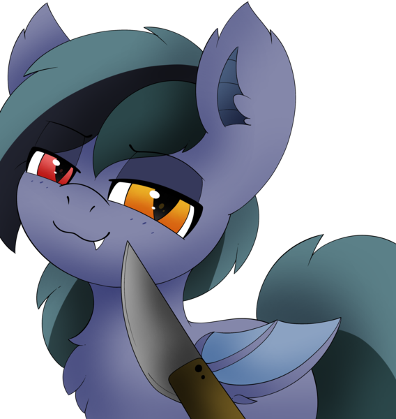 Size: 2842x3000 | Tagged: safe, artist:pegamutt, derpibooru import, oc, oc:scrimmy, unofficial characters only, bat pony, pony, bat pony oc, bat wings, commission, fangs, grin, heterochromia, image, knife, knife cat, looking at you, male, png, simple background, smiling, solo, stallion, transparent background, wings, ych result