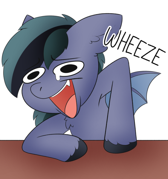 Size: 2785x2974 | Tagged: safe, artist:pegamutt, derpibooru import, oc, oc:scrimmy, unofficial characters only, bat pony, pony, bat pony oc, bat wings, bust, commission, eyebrows, eyebrows visible through hair, fangs, heterochromia, image, laughing, male, onomatopoeia, open mouth, png, simple background, solo, stallion, table, text, transparent background, wheeze, wings, ych result