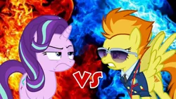 Size: 1280x720 | Tagged: safe, derpibooru import, spitfire, starlight glimmer, angry, duel, image, jpeg, spitfire is not amused, starlight glimmer is not amused, unamused, vs