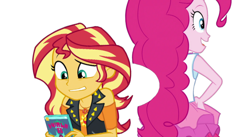 Size: 1920x1080 | Tagged: safe, artist:rarityvrymercollectiveoriginals, derpibooru import, edit, edited screencap, screencap, pinkie pie, sunset shimmer, equestria girls, equestria girls series, holidays unwrapped, spoiler:eqg series (season 2), 1920x1080, background removed, book, dashing through the mall, geode of empathy, geode of sugar bombs, image, magical geodes, not a vector, png, simple background, transparent background