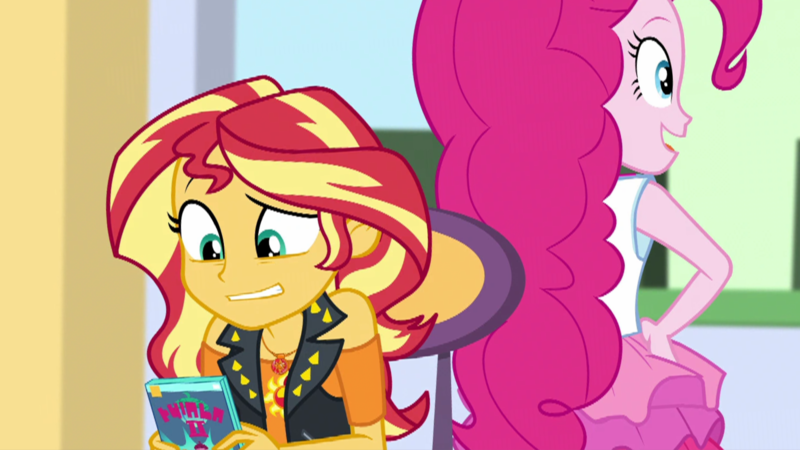 Size: 1920x1080 | Tagged: safe, artist:rarityvrymercollectiveoriginals, derpibooru import, edit, edited screencap, screencap, pinkie pie, sunset shimmer, equestria girls, equestria girls series, holidays unwrapped, spoiler:eqg series (season 2), 1920x1080, book, chair, dashing through the mall, geode of empathy, geode of sugar bombs, image, magical geodes, png