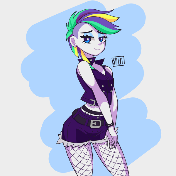 Size: 3000x3000 | Tagged: safe, artist:spellart, derpibooru import, rarity, equestria girls, alternate hairstyle, belt, bracelet, clothes, female, fishnets, image, jeans, jewelry, lidded eyes, pants, png, punk, raripunk, short jeans, smiling, solo