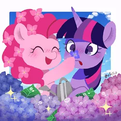 Size: 766x766 | Tagged: safe, artist:efuji_d, derpibooru import, pinkie pie, twilight sparkle, twilight sparkle (alicorn), alicorn, earth pony, pony, blushing, cute, diapinkes, duo, eyes closed, female, flower, flower in hair, image, jpeg, mare, twiabetes