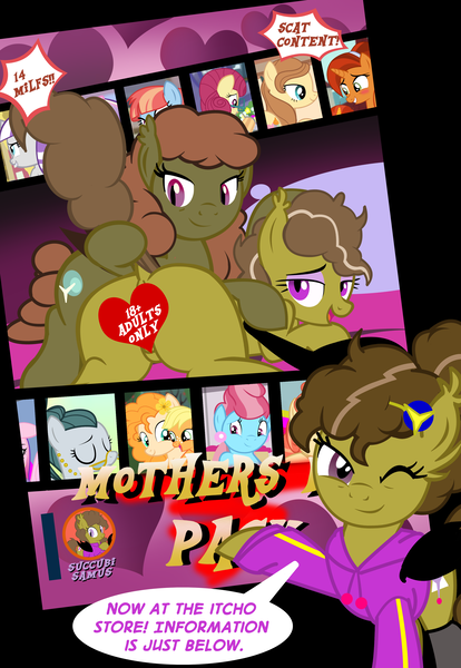 Size: 2500x3621 | Tagged: suggestive, artist:succubi samus, derpibooru import, pear butter, oc, oc:cream heart, oc:moon pearl, pony, art pack, female, image, implied farting, implied pooping, implied scat, logo, mare, milf, mother's day, paywall content, png, show accurate, signature