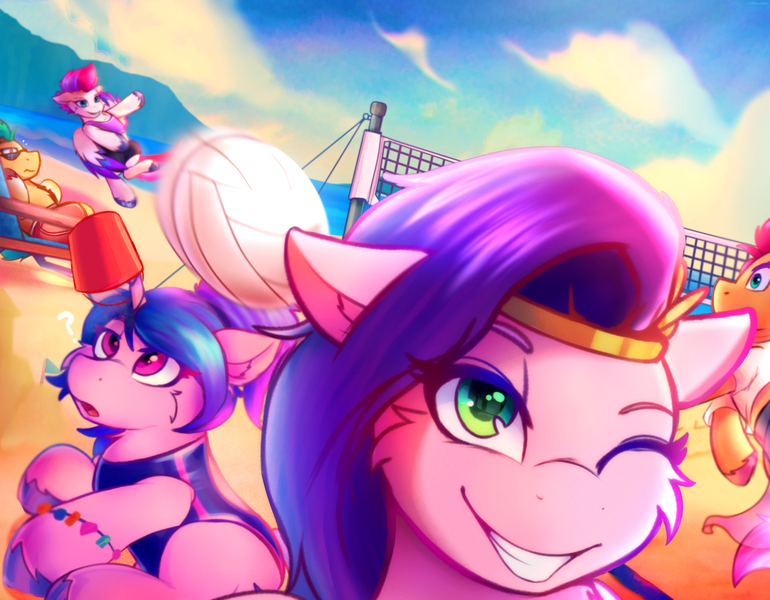 Size: 3221x2510 | Tagged: safe, artist:legionsunite, derpibooru import, hitch trailblazer, izzy moonbow, pipp petals, sunny starscout, zipp storm, earth pony, pegasus, pony, unicorn, beach, bucket, clothes, g5, image, mane five (g5), mountain, one-piece swimsuit, png, sandcastle, selfie, shorts, sports, swimsuit, this will end in pain, this will not end well, volleyball, volleyball net