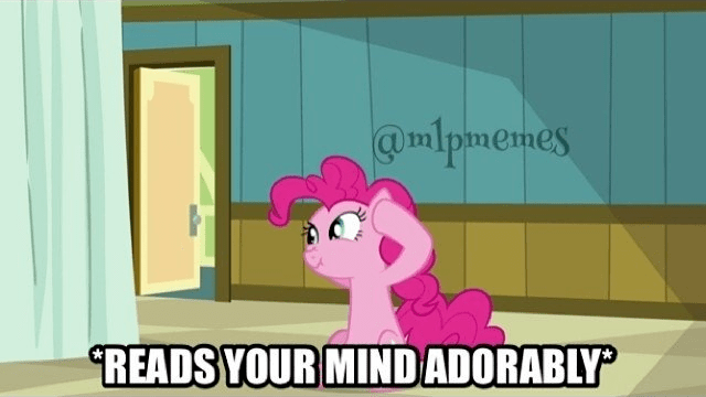 Size: 640x360 | Tagged: safe, derpibooru import, edit, edited screencap, screencap, pinkie pie, earth pony, pony, read it and weep, artifact, caption, female, image, image macro, impact font, meme, mind reading, png, smiling, solo, text, watermark