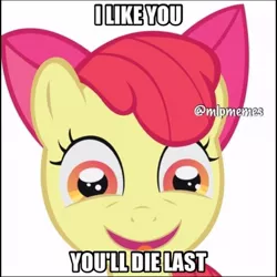 Size: 612x612 | Tagged: safe, derpibooru import, apple bloom, earth pony, pony, call of the cutie, artifact, caption, faic, female, image, image macro, impact font, jpeg, meme, simple background, solo, text, watermark, white background