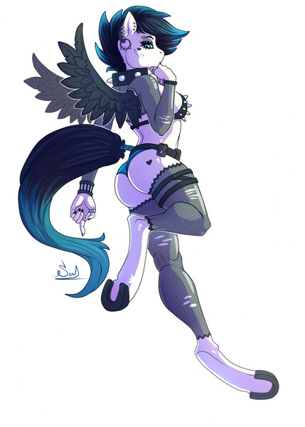 Size: 915x1280 | Tagged: suggestive, artist:sevk, derpibooru import, oc, anthro, pegasus, pony, breasts, butt, clothes, collar, digital art, image, jpeg, lingerie, piercing, punk, sexy, sideboob, socks, stockings, tattoo, thigh highs, wings