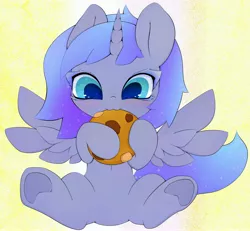 Size: 3250x3000 | Tagged: safe, artist:zokkili, derpibooru import, princess luna, alicorn, pony, colored eyelashes, cookie, cute, ethereal mane, female, filly, foal, food, horn, image, jpeg, lunabetes, solo, starry eyes, underhoof, wingding eyes, wings, woona, younger