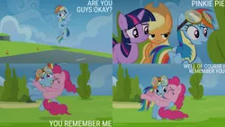 Size: 1280x720 | Tagged: safe, derpibooru import, edit, edited screencap, editor:quoterific, screencap, applejack, pinkie pie, rainbow dash, twilight sparkle, earth pony, pegasus, pony, unicorn, season 3, wonderbolts academy, ^^, applejack's hat, cowboy hat, eyes closed, female, flying, goggles, hat, hug, image, jpeg, mare, open mouth, open smile, smiling, spread wings, text, unicorn twilight, wings