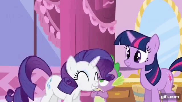 Size: 640x360 | Tagged: safe, derpibooru import, screencap, rarity, spike, twilight sparkle, dragon, pony, unicorn, green isn't your color, season 1, ^^, animated, carousel boutique, cute, eyes closed, female, gif, gifs.com, image, jumping, male, mare, open mouth, open smile, raribetes, smiling, trio, unicorn twilight