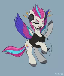 Size: 1700x2000 | Tagged: safe, artist:asimos, derpibooru import, zipp storm, pegasus, pony, clothes, eyes closed, female, flying, g5, gray background, headphones, image, jpeg, mare, mobile phone, open mouth, phone, raised hoof, shirt, simple background, solo, t-shirt