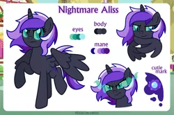 Size: 1100x732 | Tagged: safe, artist:jennieoo, derpibooru import, oc, oc:nightmare aliss, alicorn, pony, angry, image, png, possessed, reference, reference sheet, simple background, solo, story, story included, vector