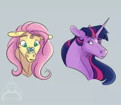 Size: 2300x2000 | Tagged: safe, artist:will-owl-the-wisp, derpibooru import, fluttershy, twilight sparkle, butterfly, insect, pony, unicorn, bust, butterfly on nose, coat markings, duo, facial markings, female, floppy ears, hoers, image, insect on nose, jpeg, mare, star (coat marking)