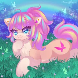 Size: 3000x3000 | Tagged: safe, artist:monstrum, derpibooru import, oc, oc:bijou butterfly, unofficial characters only, butterfly, insect, pony, background pony, big eyes, cute, cutie mark, ear piercing, earring, female, grass, image, jewelry, jpeg, mare, piercing, rainbow, solo, solo female