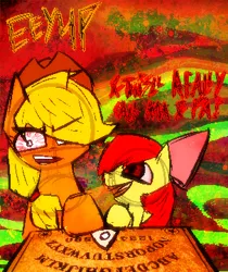 Size: 303x360 | Tagged: semi-grimdark, artist:xxv4mp_g4z3rxx, derpibooru import, apple bloom, applejack, earth pony, pony, bloodshot eyes, duo, eeyup, eyestrain warning, female, hat, image, insanity, low quality, ouija board, png, ponytail, red eyes, ribbon, text