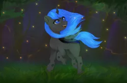 Size: 3505x2302 | Tagged: safe, artist:bellfa, derpibooru import, oc, unofficial characters only, changeling, pony, background, blue eyes, blue mane, fangs, female, forest, hair, horn, image, original art, png, smiling, solo, tail, tree, wings