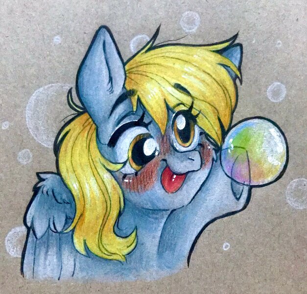 Size: 2048x1960 | Tagged: safe, artist:madkadd, derpibooru import, derpy hooves, pegasus, pony, :p, blushing, bubble, bust, eyelashes, female, image, jpeg, mare, solo, tongue out, traditional art, underhoof