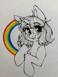 Size: 1536x2048 | Tagged: safe, artist:madkadd, derpibooru import, oc, unofficial characters only, pony, unicorn, bust, chest fluff, eyelashes, female, horn, image, jpeg, lineart, mare, rainbow, smiling, solo, traditional art, unicorn oc