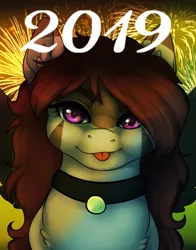 Size: 1567x2000 | Tagged: safe, artist:highrolleryt, derpibooru import, oc, unofficial characters only, earth pony, pony, :p, bust, chest fluff, choker, earth pony oc, happy new year 2019, image, jpeg, solo, tongue out