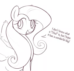 Size: 1171x1133 | Tagged: safe, artist:nookprint, derpibooru import, fluttershy, pony, (you), dialogue, female, image, mare, monochrome, open mouth, png, simple background, solo, spread wings, talking, white background, wings