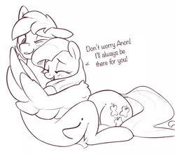 Size: 1329x1171 | Tagged: safe, artist:nookprint, derpibooru import, fluttershy, oc, oc:anon stallion, earth pony, pegasus, pony, dialogue, earth pony oc, eyes closed, female, floppy ears, hug, image, lying down, male, mare, monochrome, one eye closed, open mouth, png, prone, simple background, sitting, spread wings, stallion, talking, white background, wings