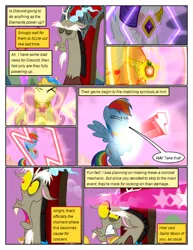 Size: 612x792 | Tagged: safe, artist:newbiespud, derpibooru import, edit, edited screencap, screencap, applejack, discord, fluttershy, rainbow dash, rarity, earth pony, pegasus, pony, unicorn, comic:friendship is dragons, blast, comic, dialogue, element of generosity, element of kindness, element of loyalty, female, image, magic, magic beam, magic blast, male, mare, png, scared, screencap comic, throne