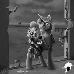Size: 2148x2160 | Tagged: artist needed, safe, derpibooru import, oc, oc:firefly (fallout equestria: promise), unofficial characters only, earth pony, pony, unicorn, fallout equestria, 36, clothes, coat markings, cover art, cracks, doorway, facial hair, fallout equestria: promise, female, fence, filly, foal, goatee, grin, holding a pony, hoof hold, image, jpeg, jumpsuit, male, monochrome, pinto, pipbuck, rebar, ruins, sign, smiling, stallion, underhoof, vault suit