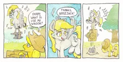 Size: 1189x599 | Tagged: safe, artist:lost marbles, derpibooru import, applejack, derpy hooves, earth pony, pegasus, pony, anvil, comic, comic strip, derpy being derpy, feather, hat, image, jpeg, sweat, traditional art, tree, wagon, watercolor painting