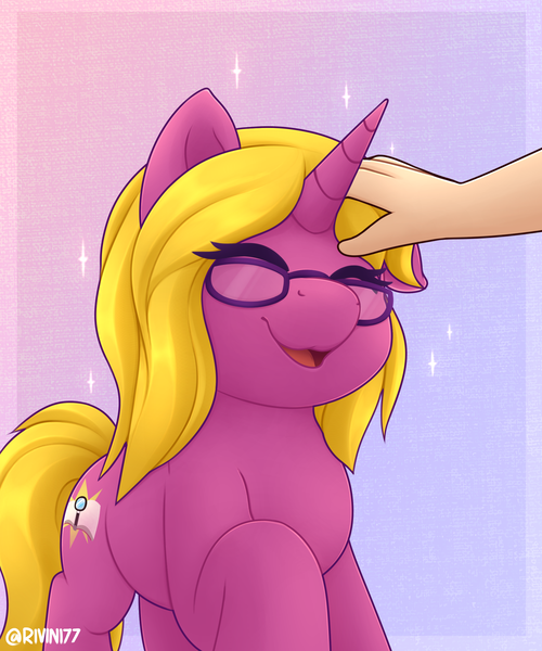 Size: 2000x2400 | Tagged: safe, artist:rivin177, derpibooru import, oc, oc:bright star, human, pony, unicorn, commission, eyes closed, glasses, hand, image, petting, png, raised hoof, simple background, sparkles, ych result, your character here