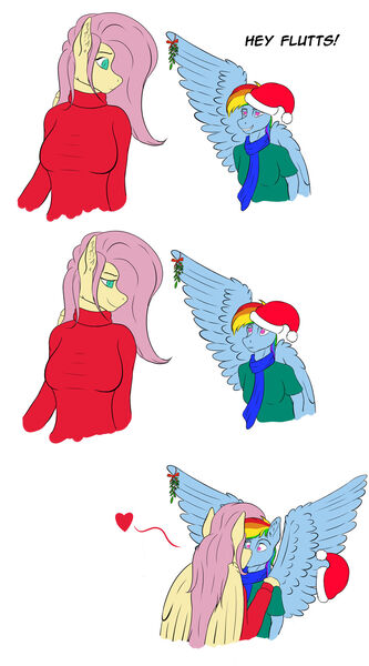 Size: 1280x2304 | Tagged: safe, artist:fluffyorbiter, derpibooru import, fluttershy, rainbow dash, anthro, pegasus, big breasts, breasts, busty fluttershy, cap, clothes, delicious flat chest, female, flutterdash, folded wings, hat, heart, hearth's warming eve, image, jpeg, kissing, lesbian, mistletoe, rainbow flat, shipping, smiling, surprised, sweater, sweatershy, wings