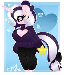 Size: 1920x2257 | Tagged: suggestive, artist:ladylullabystar, derpibooru import, oc, oc:lullaby star, anthro, unicorn, alternate design, big breasts, breasts, chibi, cleavage, clothes, female, huge breasts, image, keyhole turtleneck, png, solo, solo female, sweater, turtleneck