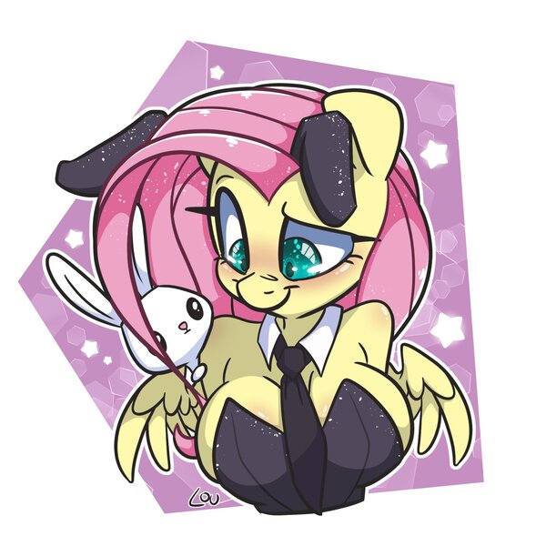 Size: 1500x1500 | Tagged: suggestive, artist:lou, derpibooru import, angel bunny, fluttershy, anthro, pegasus, big breasts, blushing, breasts, bunny ears, bunny suit, busty fluttershy, cleavage, clothes, female, image, jpeg, necktie, solo, solo female